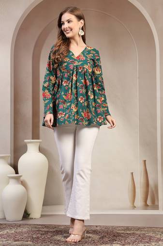 Green floral printed cotton flared top for women