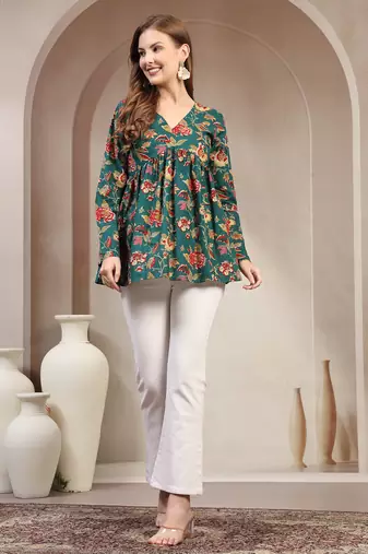 Green floral printed cotton flared top for women