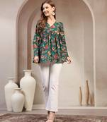 Green floral printed cotton flared top for women
