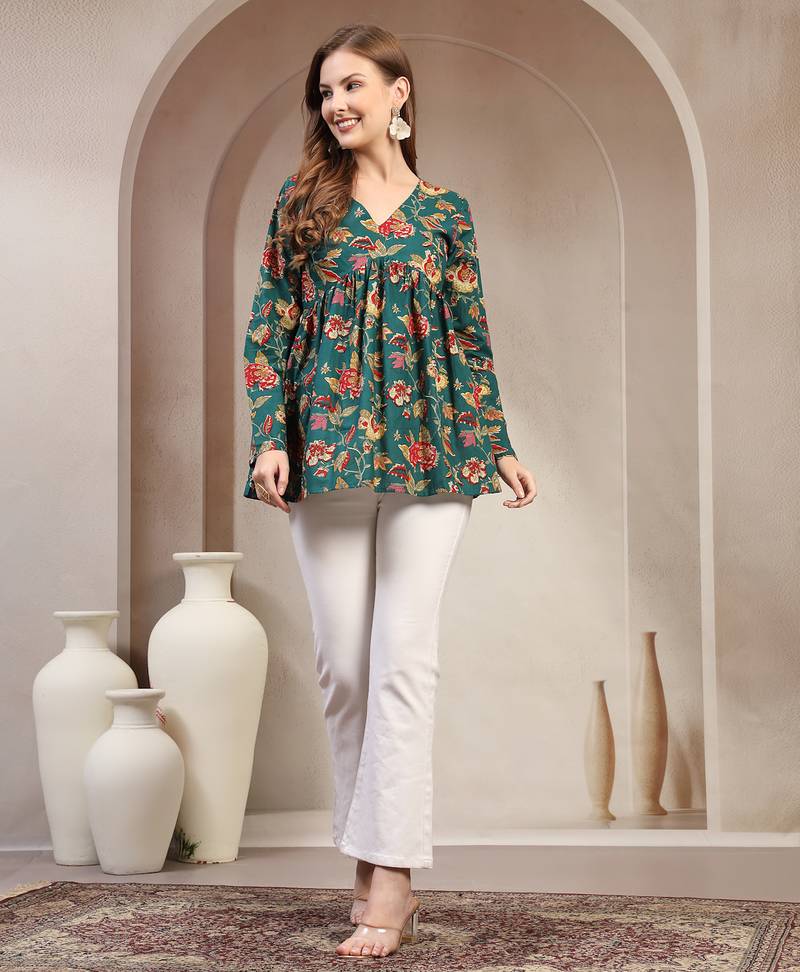 Green floral printed cotton flared top for women