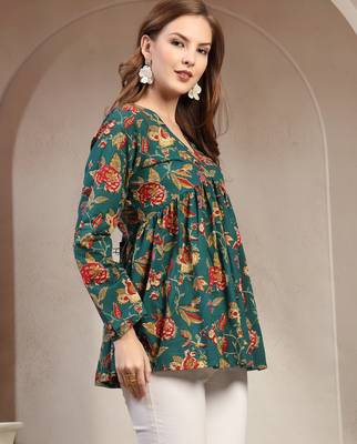 Green floral printed cotton flared top for women 2