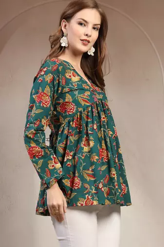 Green floral printed cotton flared top for women