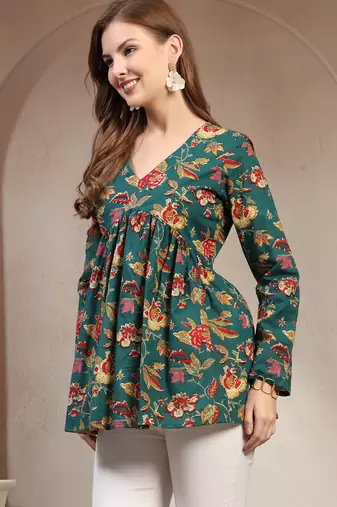 Green floral printed cotton flared top for women