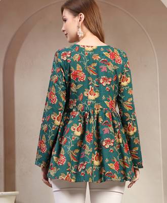 Green floral printed cotton flared top for women 4