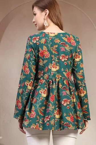 Green floral printed cotton flared top for women
