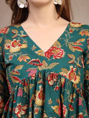 Green floral printed cotton flared top for women 5