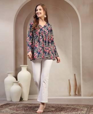 Blue floral printed cotton flared top for women 1