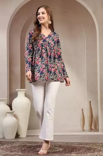 Blue floral printed cotton flared top for women