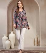 Blue floral printed cotton flared top for women