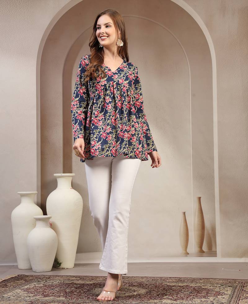 Blue floral printed cotton flared top for women