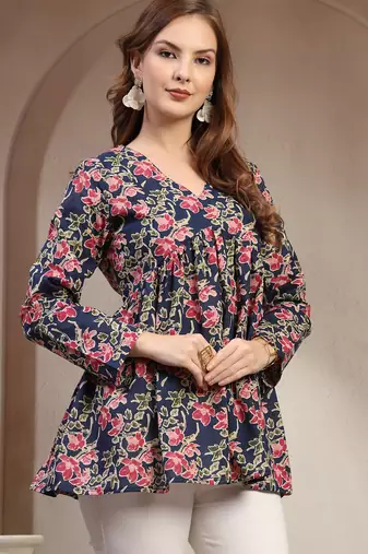 Blue floral printed cotton flared top for women
