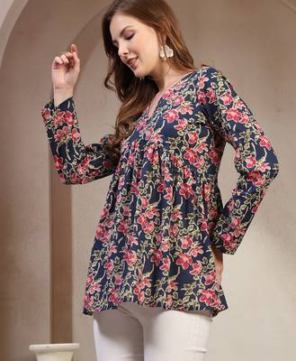 Blue floral printed cotton flared top for women 3