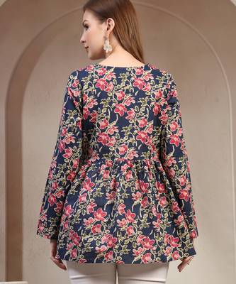Blue floral printed cotton flared top for women 4