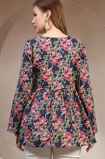 Blue floral printed cotton flared top for women