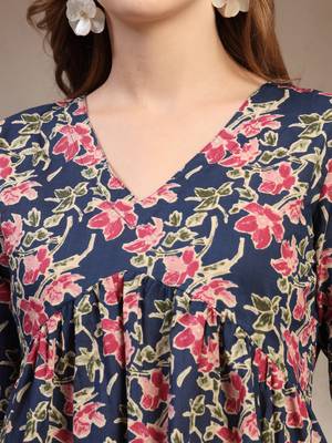 Blue floral printed cotton flared top for women 5