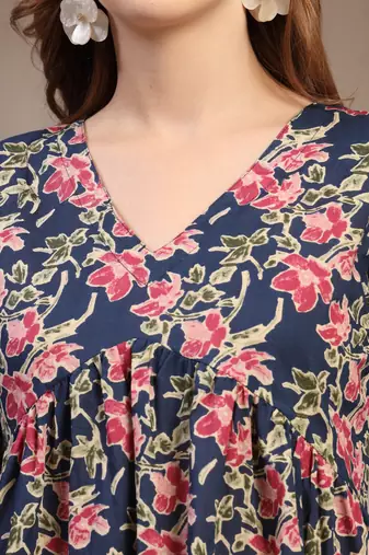 Blue floral printed cotton flared top for women