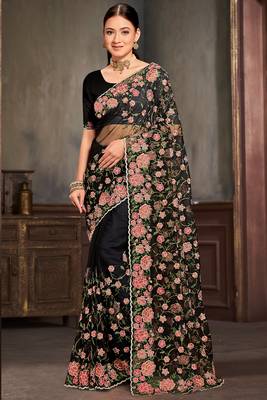 Black sequin zari embroidered work net saree with unstitch blouse piece 1