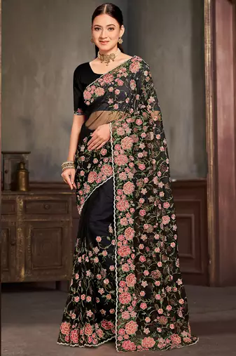 Black sequin zari embroidered work net saree with unstitch blouse piece