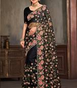 Black sequin zari embroidered work net saree with unstitch blouse piece