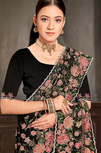 Black sequin zari embroidered work net saree with unstitch blouse piece