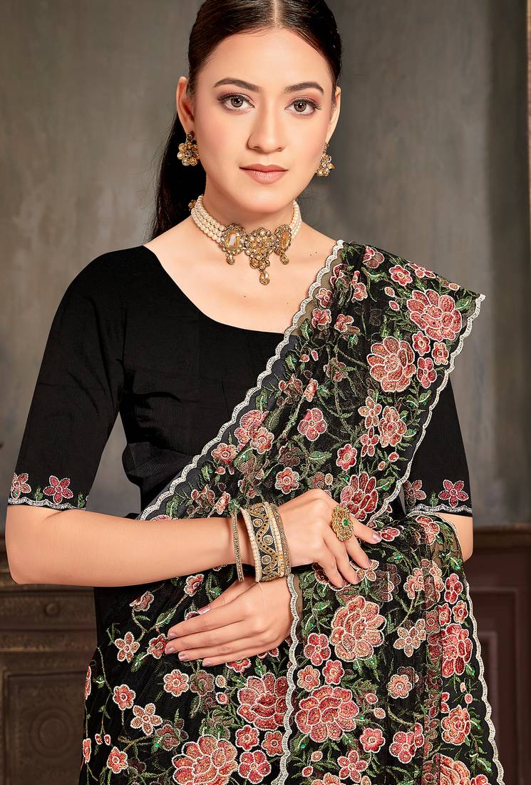 Black sequin zari embroidered work net saree with unstitch blouse piece