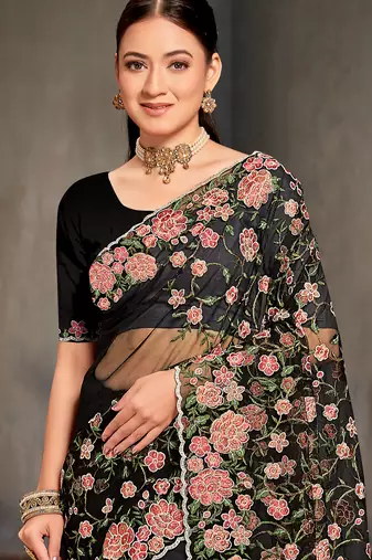 Black sequin zari embroidered work net saree with unstitch blouse piece