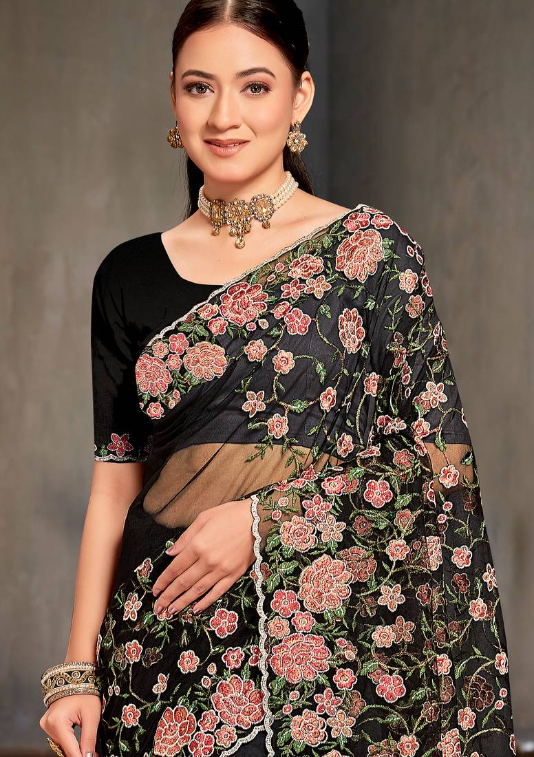 Black sequin zari embroidered work net saree with unstitch blouse piece