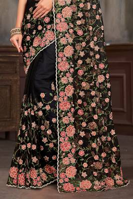 Black sequin zari embroidered work net saree with unstitch blouse piece 4