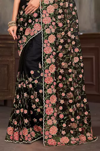 Black sequin zari embroidered work net saree with unstitch blouse piece