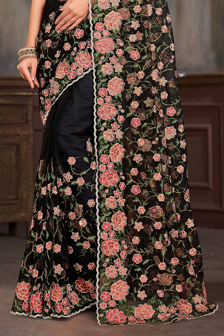 Black sequin zari embroidered work net saree with unstitch blouse piece