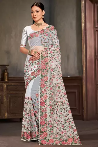 White sequin zari embroidered work net saree with unstitch blouse piece