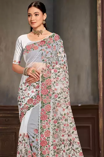 White sequin zari embroidered work net saree with unstitch blouse piece