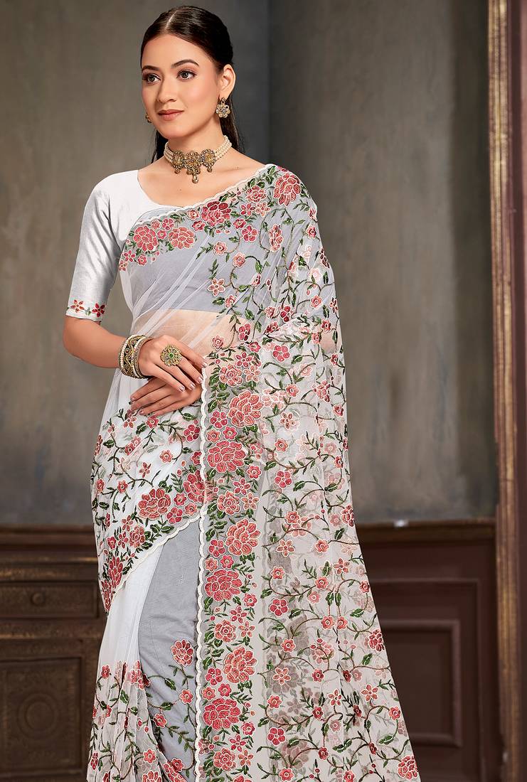 White sequin zari embroidered work net saree with unstitch blouse piece