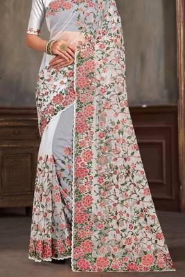 White sequin zari embroidered work net saree with unstitch blouse piece 4