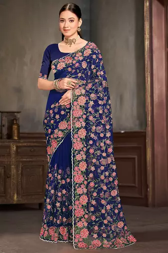 Navy blue sequin zari embroidered work net saree with unstitch blouse piece