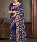 Navy blue sequin zari embroidered work net saree with unstitch blouse piece