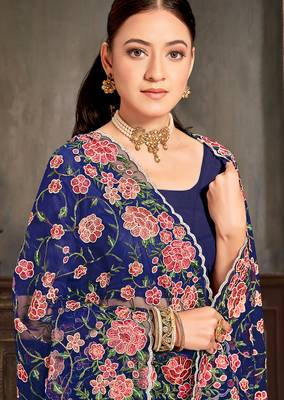 Navy blue sequin zari embroidered work net saree with unstitch blouse piece 2