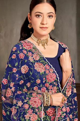 Navy blue sequin zari embroidered work net saree with unstitch blouse piece