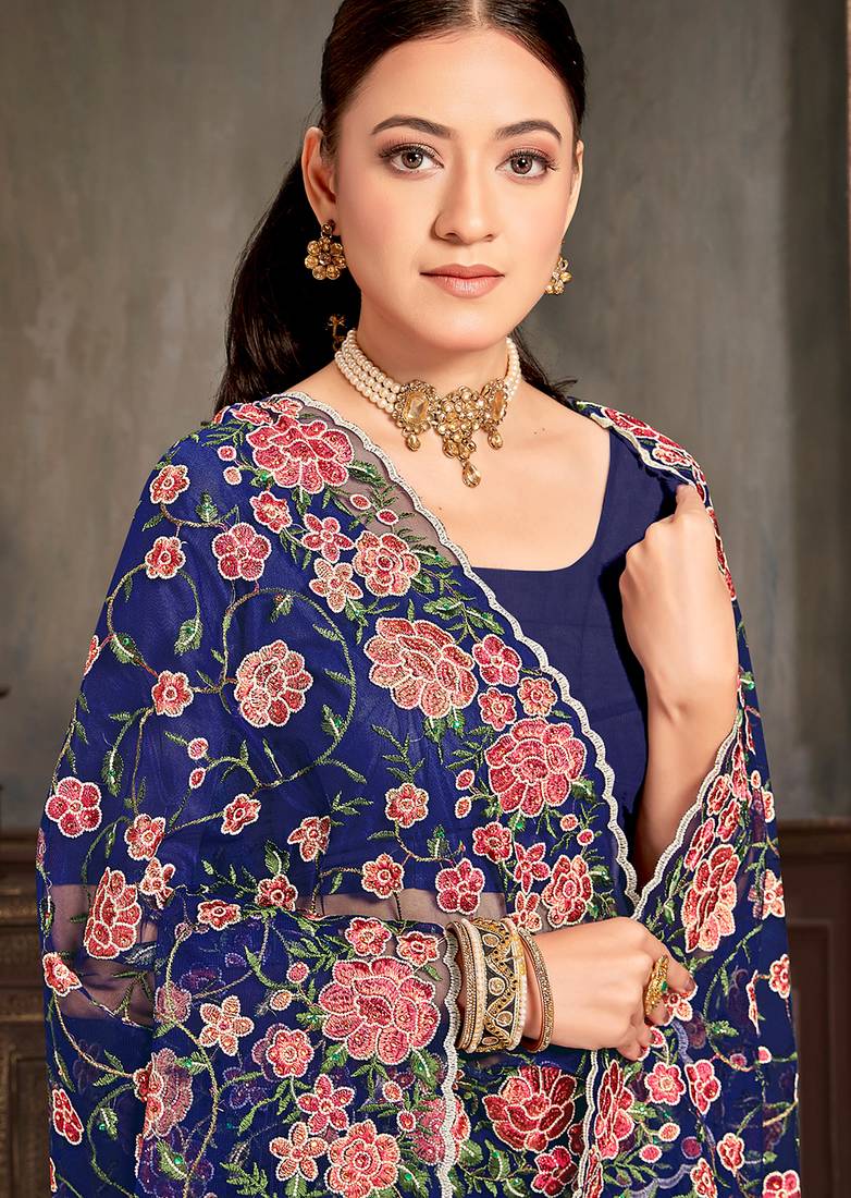 Navy blue sequin zari embroidered work net saree with unstitch blouse piece