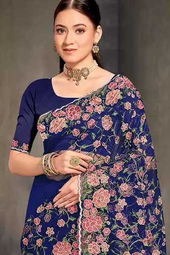 Navy blue sequin zari embroidered work net saree with unstitch blouse piece