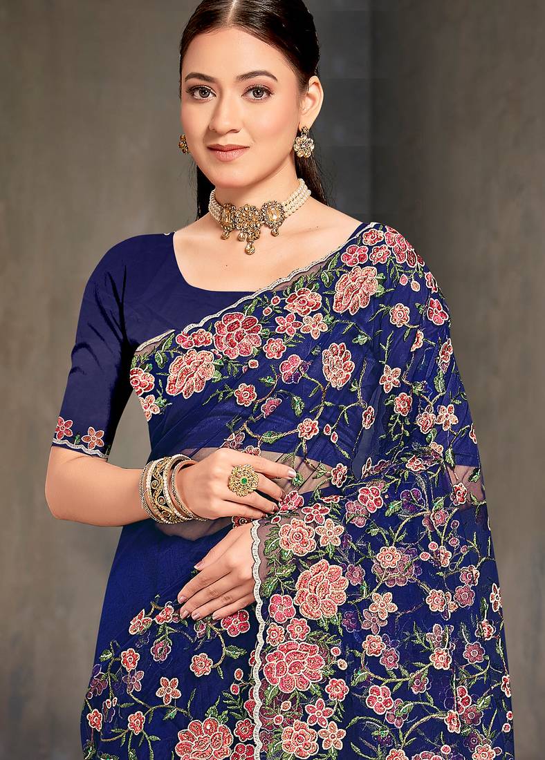 Navy blue sequin zari embroidered work net saree with unstitch blouse piece