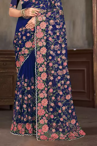 Navy blue sequin zari embroidered work net saree with unstitch blouse piece