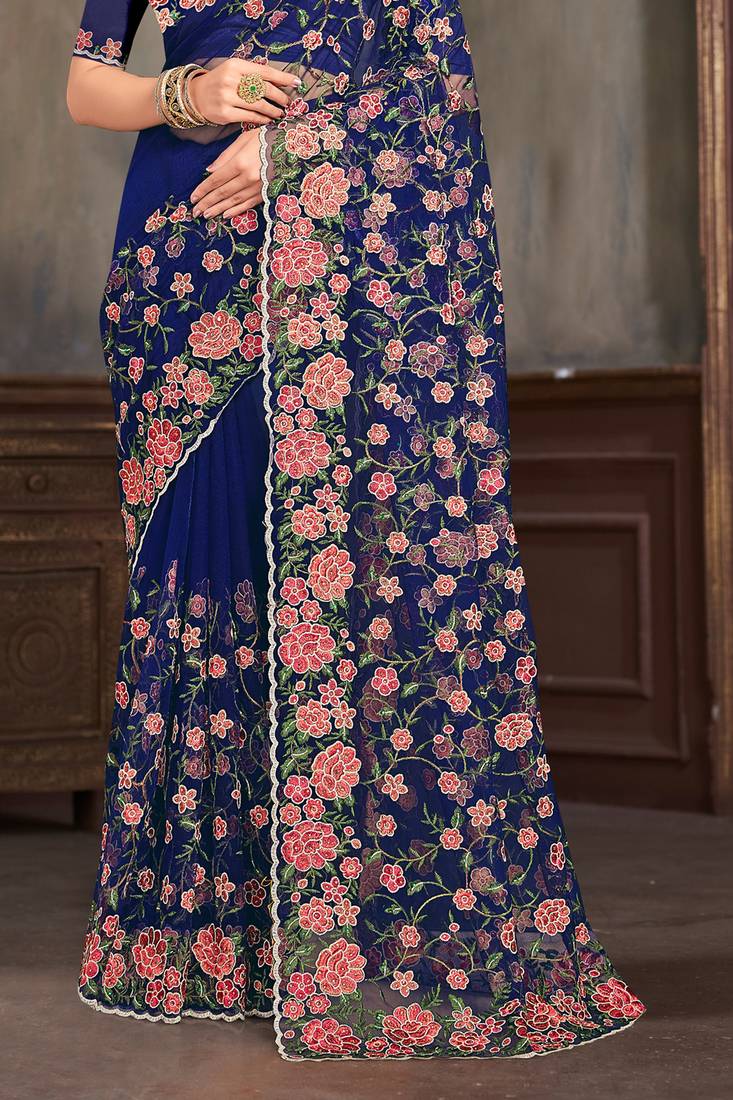 Navy blue sequin zari embroidered work net saree with unstitch blouse piece