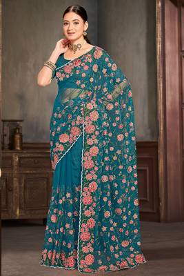 Teal blue sequin zari embroidered work net saree with unstitch blouse piece 1
