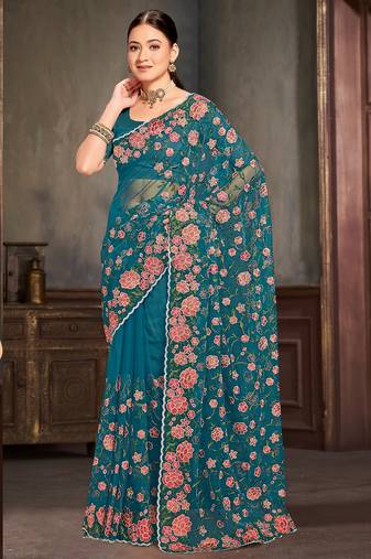 Teal blue sequin zari embroidered work net saree with unstitch blouse piece