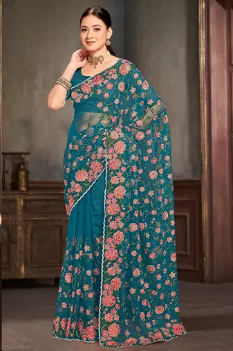Teal blue sequin zari embroidered work net saree with unstitch blouse piece