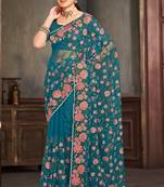 Teal blue sequin zari embroidered work net saree with unstitch blouse piece