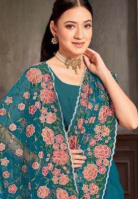 Teal blue sequin zari embroidered work net saree with unstitch blouse piece 2