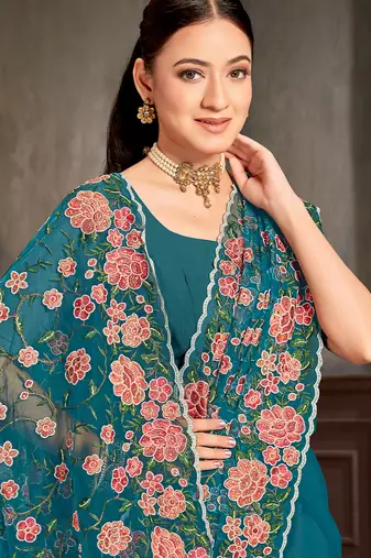 Teal blue sequin zari embroidered work net saree with unstitch blouse piece