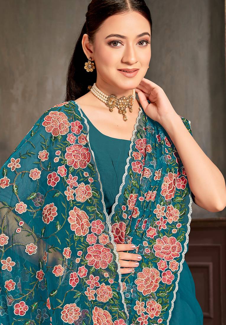 Teal blue sequin zari embroidered work net saree with unstitch blouse piece